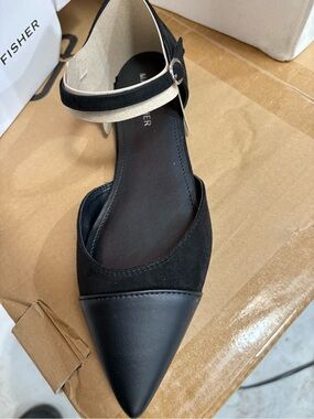 Marc Fisher Black Pointed-Toe Ankle-Strap Flat with Cream Accent